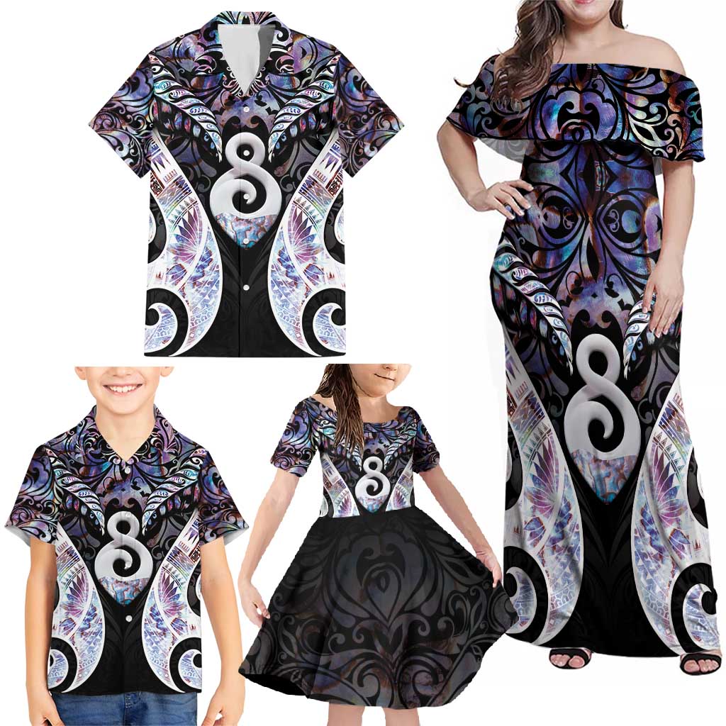 New Zealand Aotearoa Family Matching Off Shoulder Maxi Dress and Hawaiian Shirt Pikorua Single Twist Pink Paua Shell DT05 - Polynesian Pride