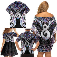 New Zealand Aotearoa Family Matching Off Shoulder Short Dress and Hawaiian Shirt Pikorua Single Twist Pink Paua Shell DT05 - Polynesian Pride