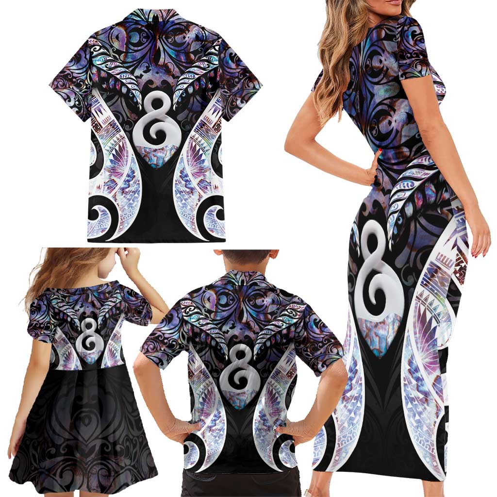 New Zealand Aotearoa Family Matching Short Sleeve Bodycon Dress and Hawaiian Shirt Pikorua Single Twist Pink Paua Shell DT05 - Polynesian Pride
