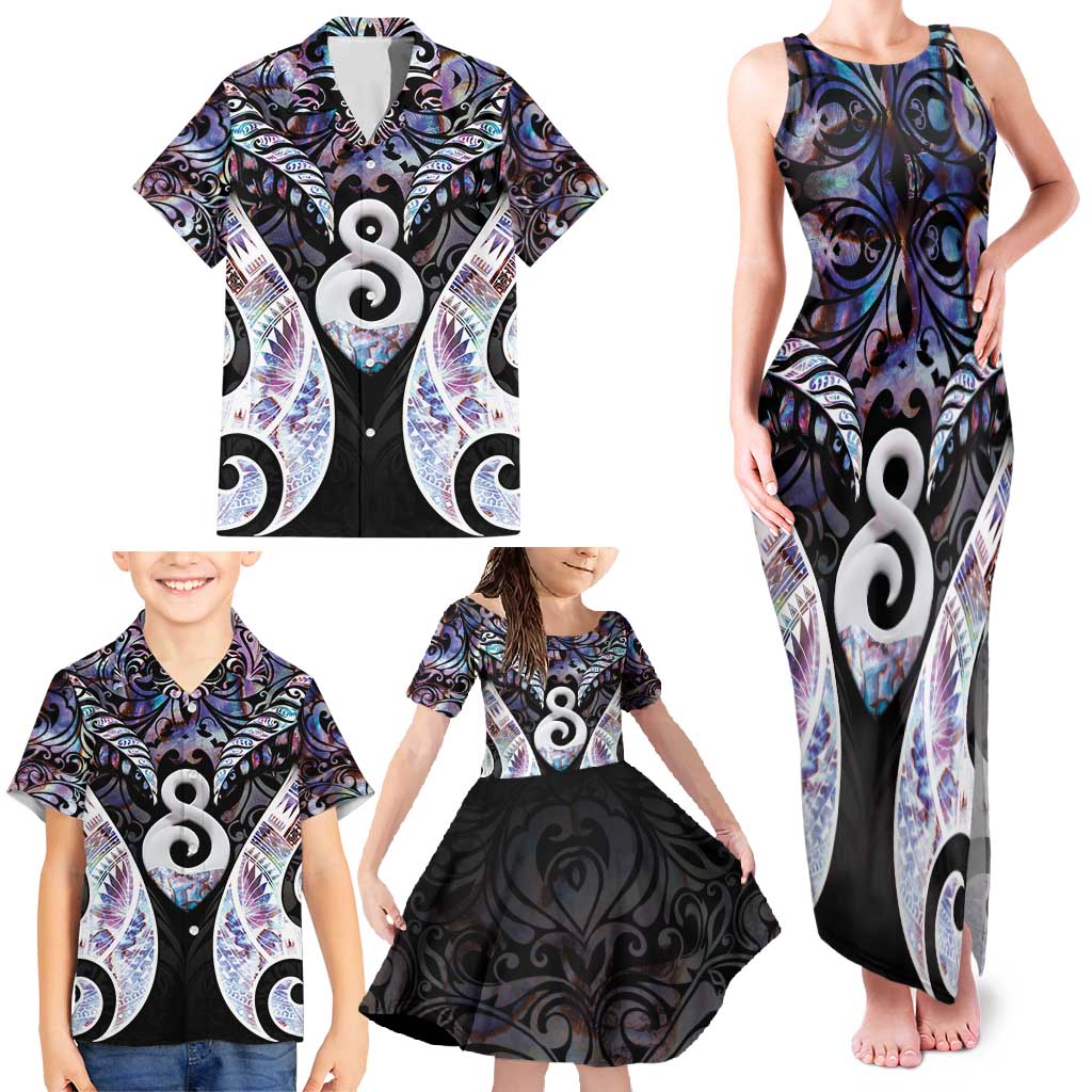 New Zealand Aotearoa Family Matching Tank Maxi Dress and Hawaiian Shirt Pikorua Single Twist Pink Paua Shell