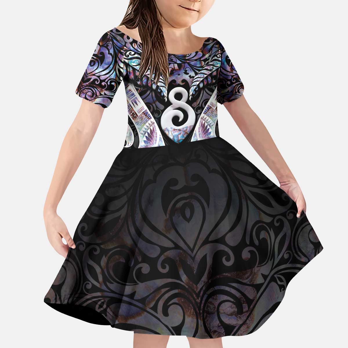 New Zealand Aotearoa Kid Short Sleeve Dress Pikorua Single Twist Pink Paua Shell