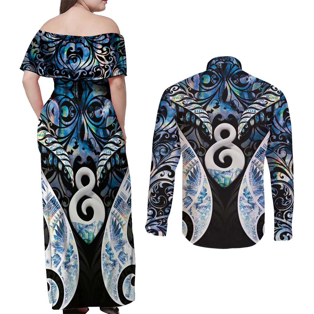 New Zealand Aotearoa Couples Matching Off Shoulder Maxi Dress and Long Sleeve Button Shirt Pikorua Single Twist Green Paua Shell DT05 - Polynesian Pride