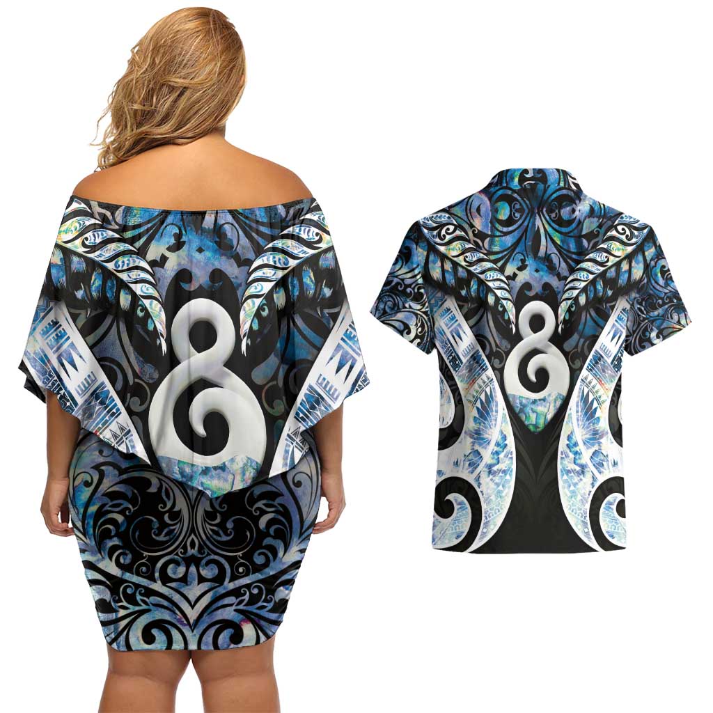 New Zealand Aotearoa Couples Matching Off Shoulder Short Dress and Hawaiian Shirt Pikorua Single Twist Green Paua Shell DT05 - Polynesian Pride
