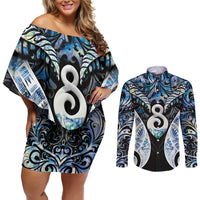 New Zealand Aotearoa Couples Matching Off Shoulder Short Dress and Long Sleeve Button Shirt Pikorua Single Twist Green Paua Shell DT05 Green - Polynesian Pride