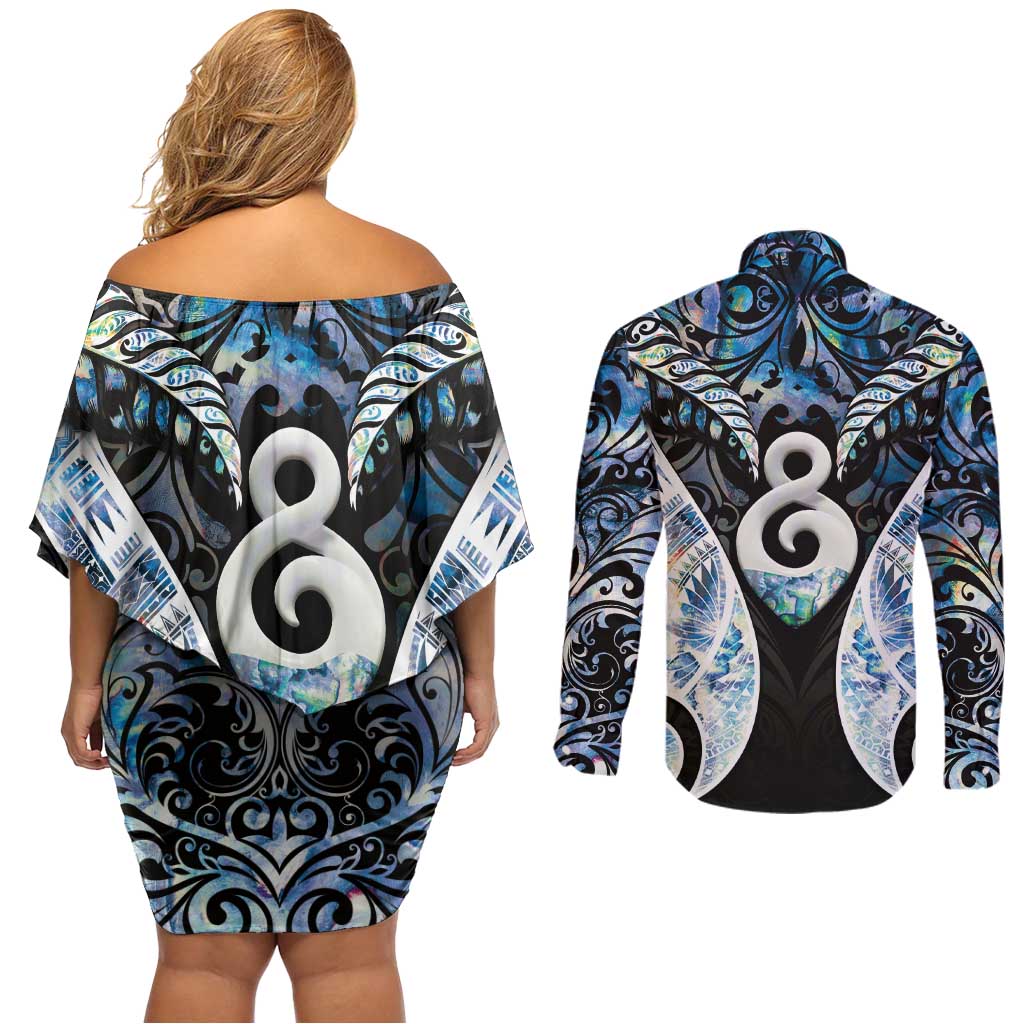 New Zealand Aotearoa Couples Matching Off Shoulder Short Dress and Long Sleeve Button Shirt Pikorua Single Twist Green Paua Shell DT05 - Polynesian Pride