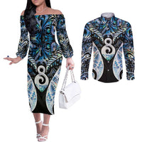 New Zealand Aotearoa Couples Matching Off The Shoulder Long Sleeve Dress and Long Sleeve Button Shirt Pikorua Single Twist Green Paua Shell DT05 Green - Polynesian Pride