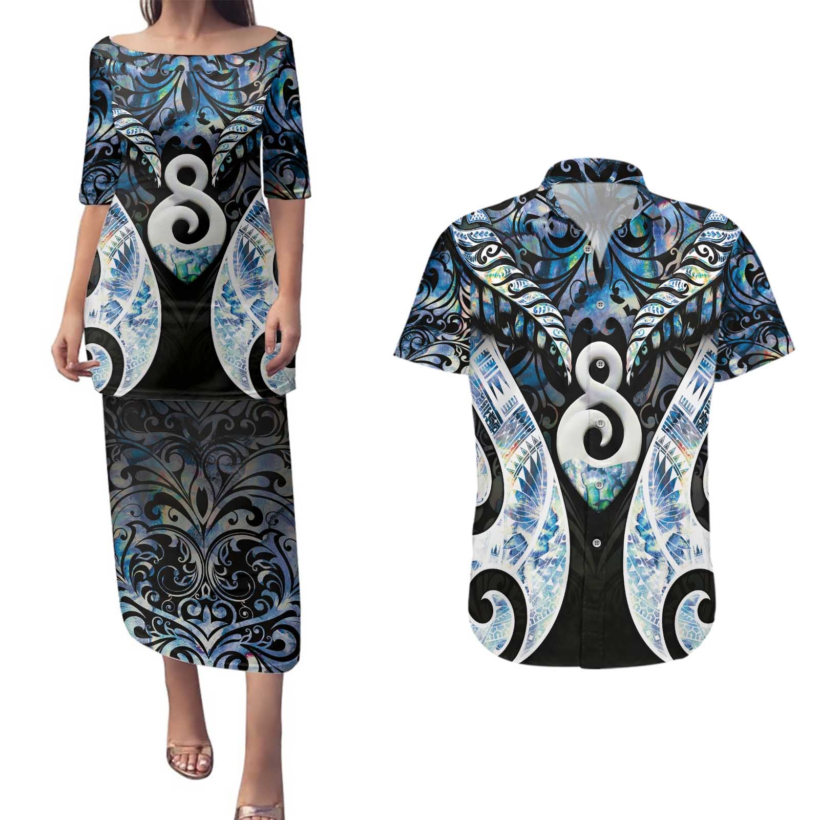 New Zealand Aotearoa Couples Matching Puletasi and Hawaiian Shirt Pikorua Single Twist Green Paua Shell