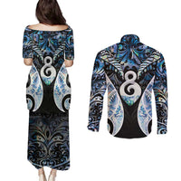 New Zealand Aotearoa Couples Matching Puletasi and Long Sleeve Button Shirt Pikorua Single Twist Green Paua Shell