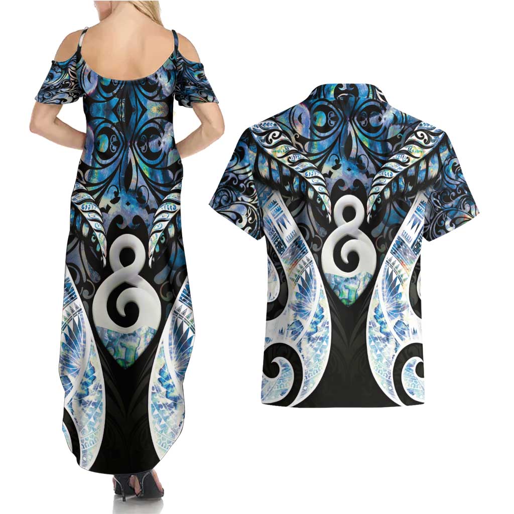New Zealand Aotearoa Couples Matching Summer Maxi Dress and Hawaiian Shirt Pikorua Single Twist Green Paua Shell DT05 - Polynesian Pride