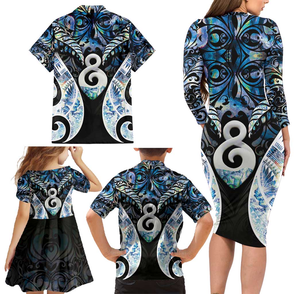New Zealand Aotearoa Family Matching Long Sleeve Bodycon Dress and Hawaiian Shirt Pikorua Single Twist Green Paua Shell DT05 - Polynesian Pride