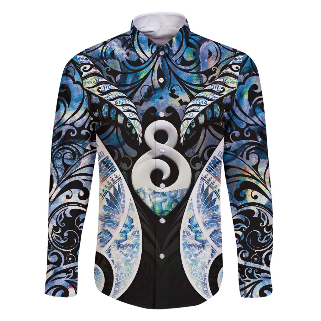 New Zealand Aotearoa Family Matching Long Sleeve Bodycon Dress and Hawaiian Shirt Pikorua Single Twist Green Paua Shell DT05 Dad's Shirt - Long Sleeve Green - Polynesian Pride