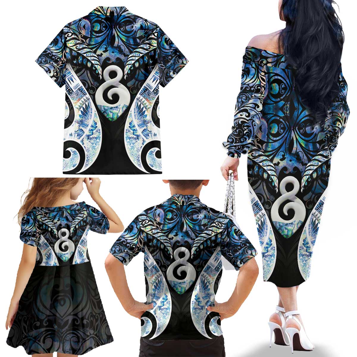 New Zealand Aotearoa Family Matching Off The Shoulder Long Sleeve Dress and Hawaiian Shirt Pikorua Single Twist Green Paua Shell