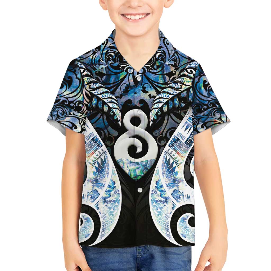 New Zealand Aotearoa Family Matching Off Shoulder Short Dress and Hawaiian Shirt Pikorua Single Twist Green Paua Shell DT05 Son's Shirt Green - Polynesian Pride