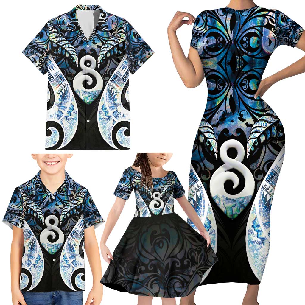 New Zealand Aotearoa Family Matching Short Sleeve Bodycon Dress and Hawaiian Shirt Pikorua Single Twist Green Paua Shell DT05 - Polynesian Pride