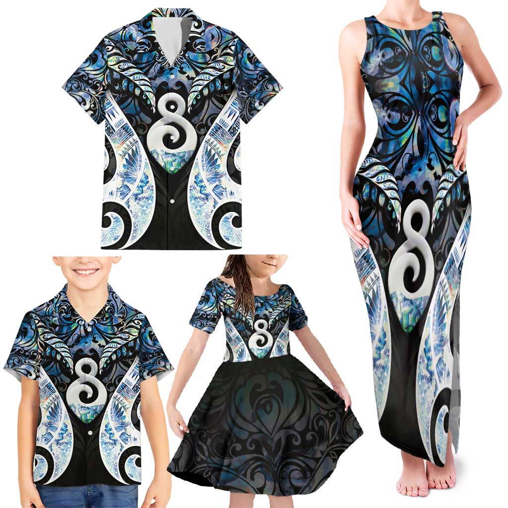 New Zealand Aotearoa Family Matching Tank Maxi Dress and Hawaiian Shirt Pikorua Single Twist Green Paua Shell