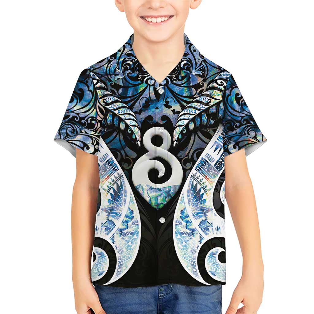 New Zealand Aotearoa Kid Hawaiian Shirt Pikorua Single Twist Green Paua Shell