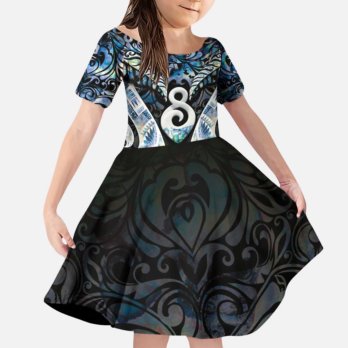 New Zealand Aotearoa Kid Short Sleeve Dress Pikorua Single Twist Green Paua Shell