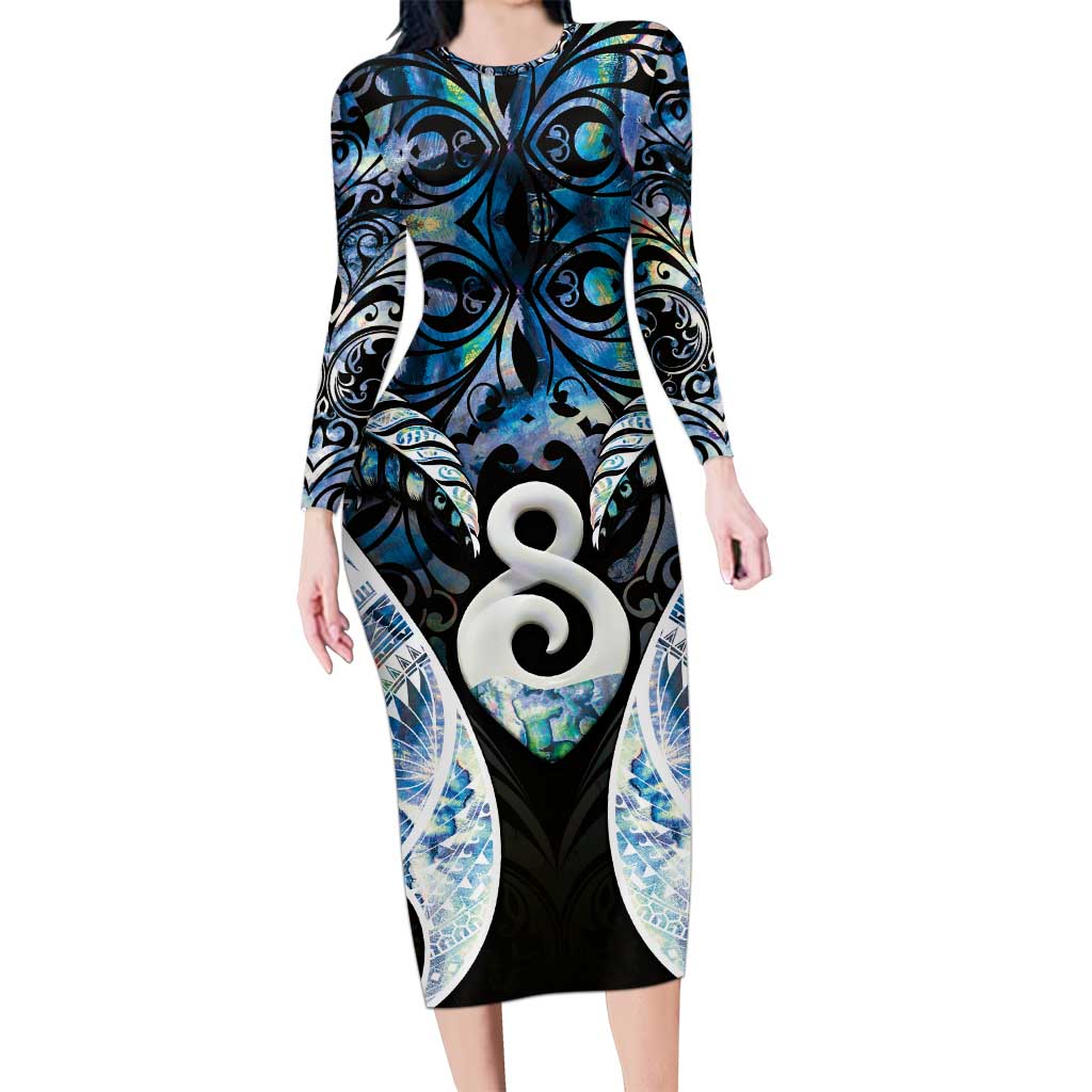 New Zealand Aotearoa Long Sleeve Bodycon Dress Pikorua Single Twist Green Paua Shell