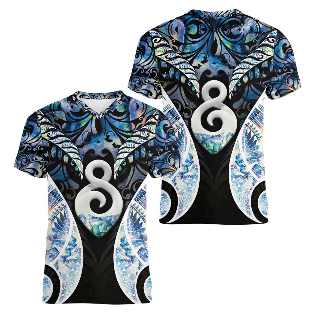 New Zealand Aotearoa Women V-Neck T-Shirt Pikorua Single Twist Green Paua Shell DT05 - Polynesian Pride