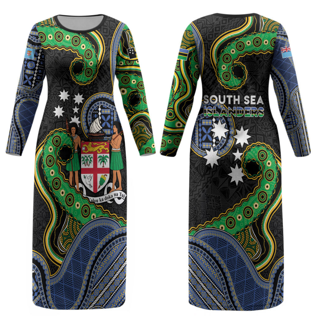 South Sea Islanders And Fiji Couples Matching Long Sleeve Bodycon Dress and Long Sleeve Button Shirt Fijian Coat Of Arms And Southern Cross DT05 - Polynesian Pride