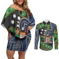 South Sea Islanders And Fiji Couples Matching Off Shoulder Short Dress and Long Sleeve Button Shirt Fijian Coat Of Arms And Southern Cross DT05 Black - Polynesian Pride