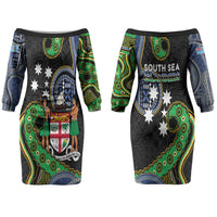 South Sea Islanders And Fiji Couples Matching Off The Shoulder Long Sleeve Dress and Hawaiian Shirt Fijian Coat Of Arms And Southern Cross DT05 - Polynesian Pride