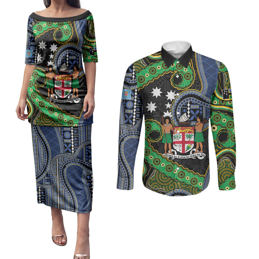 South Sea Islanders And Fiji Couples Matching Puletasi and Long Sleeve Button Shirt Fijian Coat Of Arms And Southern Cross DT05 Black - Polynesian Pride