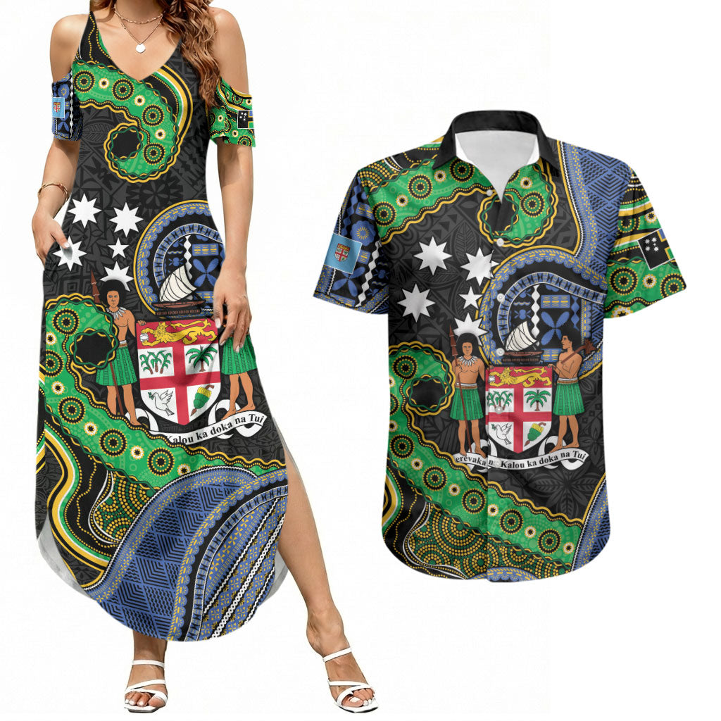 South Sea Islanders And Fiji Couples Matching Summer Maxi Dress and Hawaiian Shirt Fijian Coat Of Arms And Southern Cross DT05 Black - Polynesian Pride