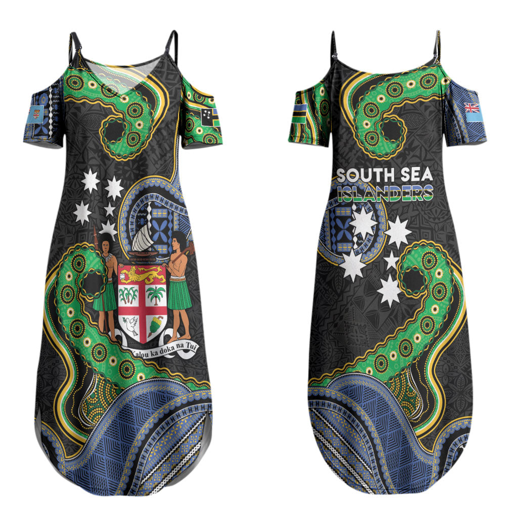 South Sea Islanders And Fiji Couples Matching Summer Maxi Dress and Long Sleeve Button Shirt Fijian Coat Of Arms And Southern Cross DT05 - Polynesian Pride
