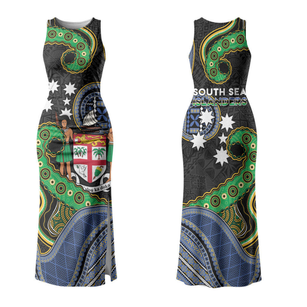 South Sea Islanders And Fiji Couples Matching Tank Maxi Dress and Long Sleeve Button Shirt Fijian Coat Of Arms And Southern Cross DT05 - Polynesian Pride