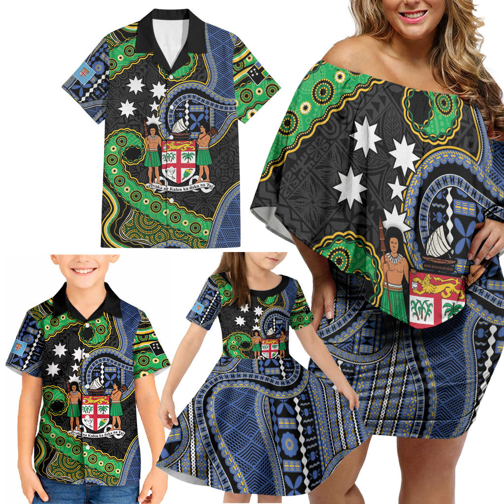 South Sea Islanders And Fiji Family Matching Off Shoulder Short Dress and Hawaiian Shirt Fijian Coat Of Arms And Southern Cross DT05 - Polynesian Pride