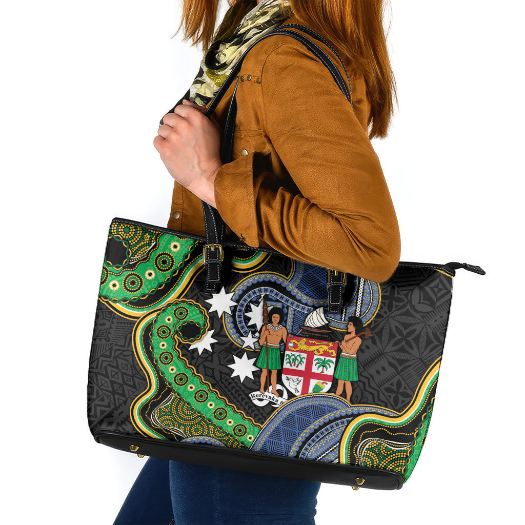 South Sea Islanders And Fiji Leather Tote Bag Fijian Coat Of Arms And Southern Cross DT05 Black - Polynesian Pride