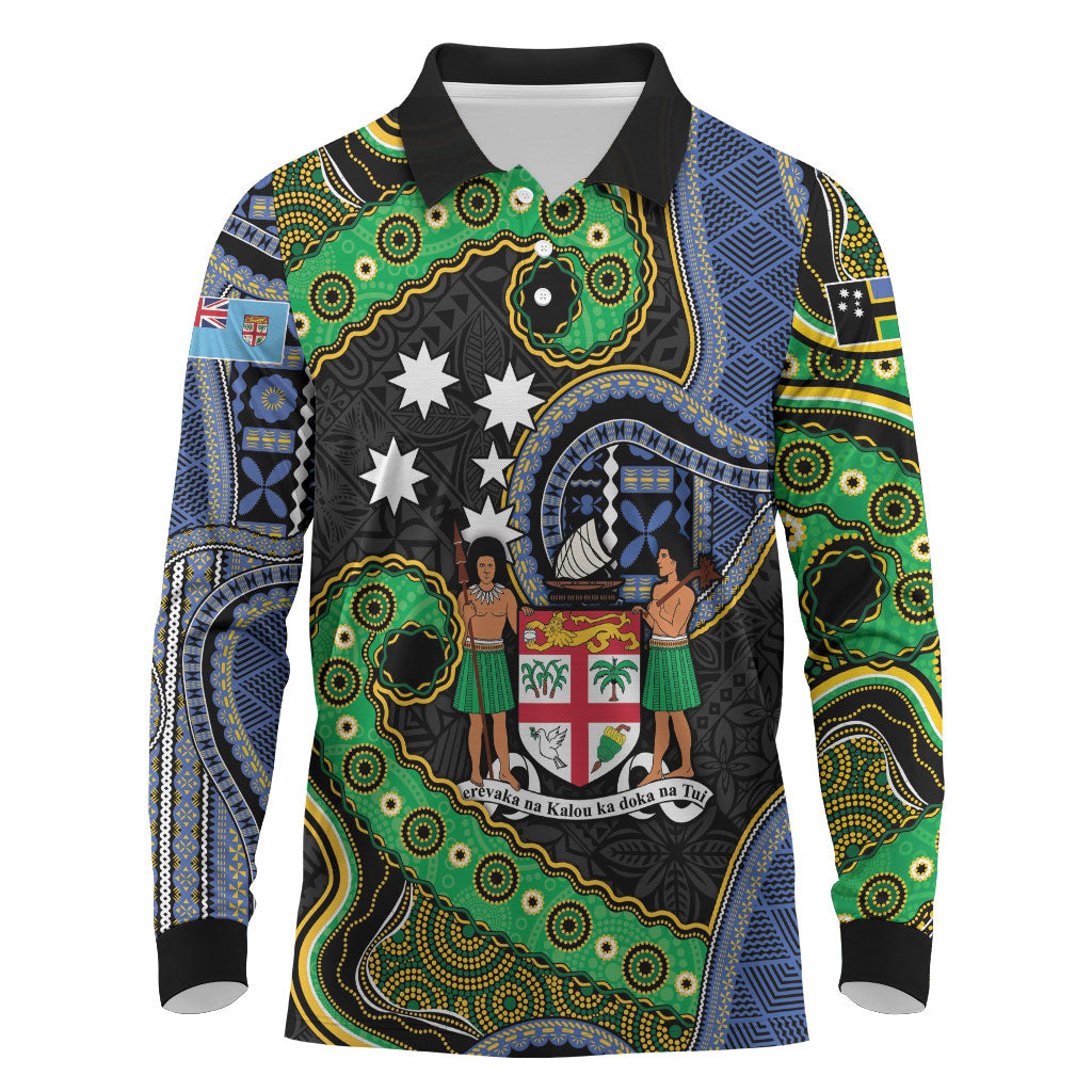 South Sea Islanders And Fiji Long Sleeve Polo Shirt Fijian Coat Of Arms And Southern Cross DT05 Black - Polynesian Pride