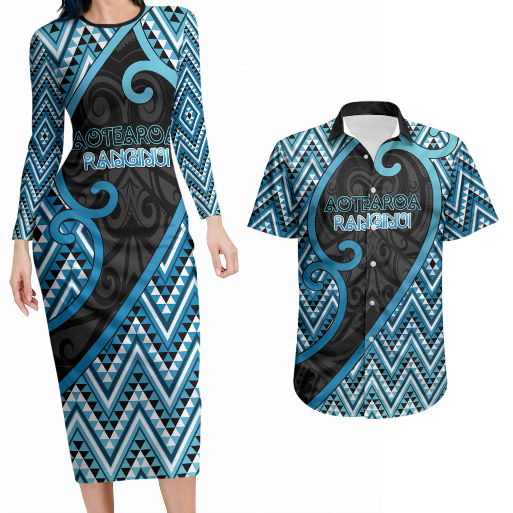 Custom Aotearoa Atua Ranginui Couples Matching Long Sleeve Bodycon Dress and Hawaiian Shirt Maori Sky Father Koru Patterns DT05 Blue - Polynesian Pride
