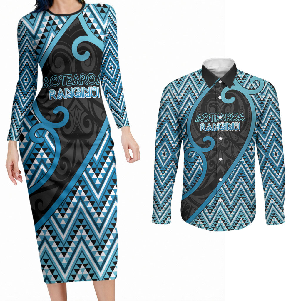 Custom Aotearoa Atua Ranginui Couples Matching Long Sleeve Bodycon Dress and Long Sleeve Button Shirt Maori Sky Father Koru Patterns DT05 Blue - Polynesian Pride