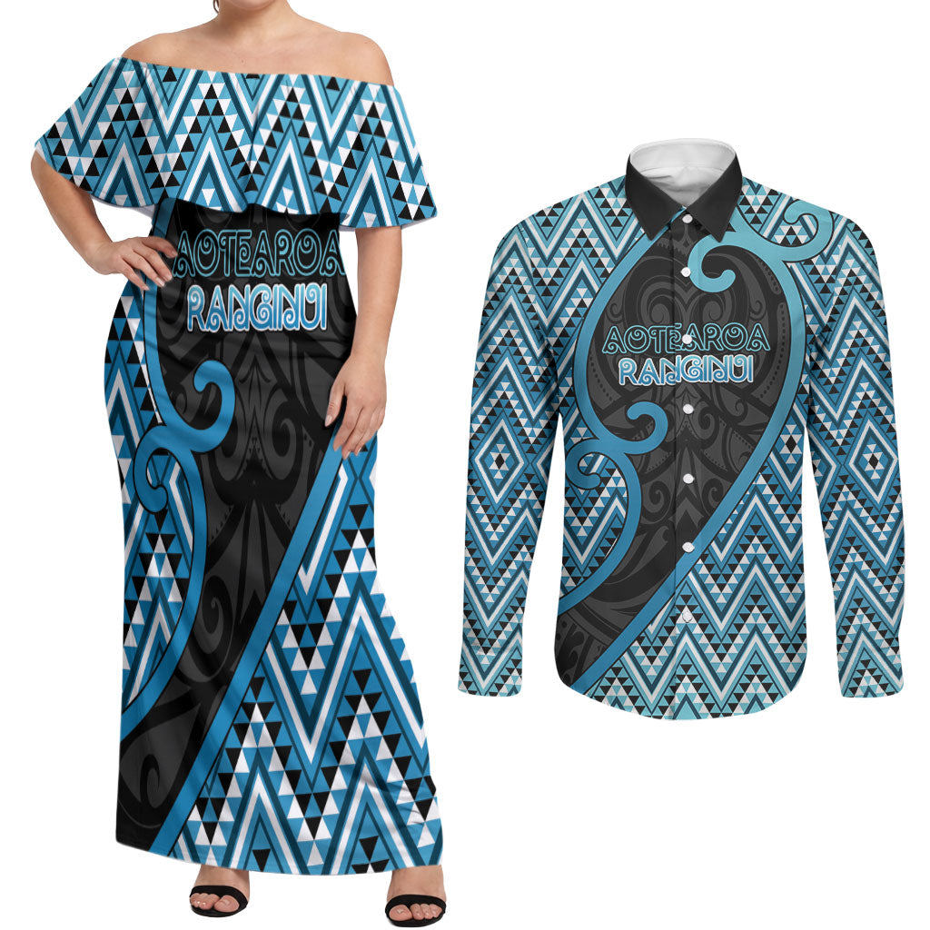 Custom Aotearoa Atua Ranginui Couples Matching Off Shoulder Maxi Dress and Long Sleeve Button Shirt Maori Sky Father Koru Patterns DT05 Blue - Polynesian Pride