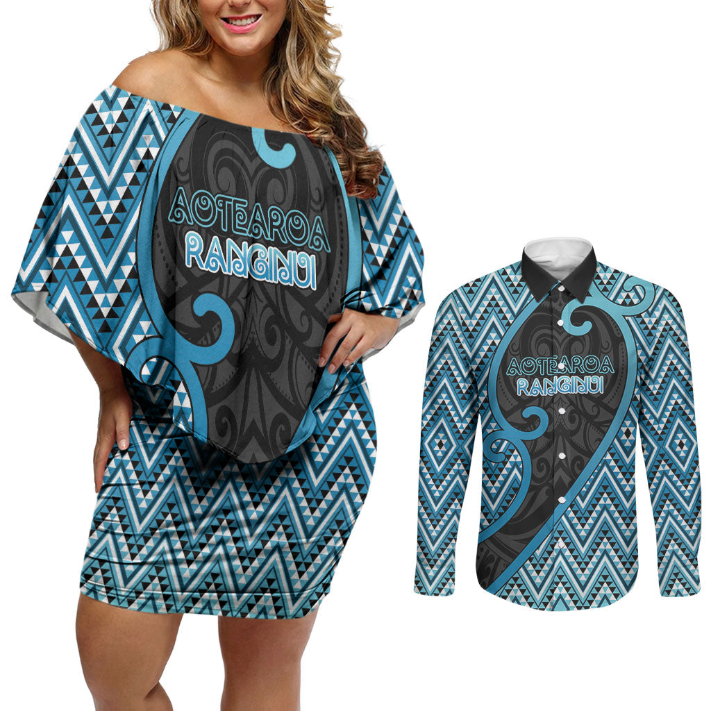 Custom Aotearoa Atua Ranginui Couples Matching Off Shoulder Short Dress and Long Sleeve Button Shirt Maori Sky Father Koru Patterns DT05 Blue - Polynesian Pride