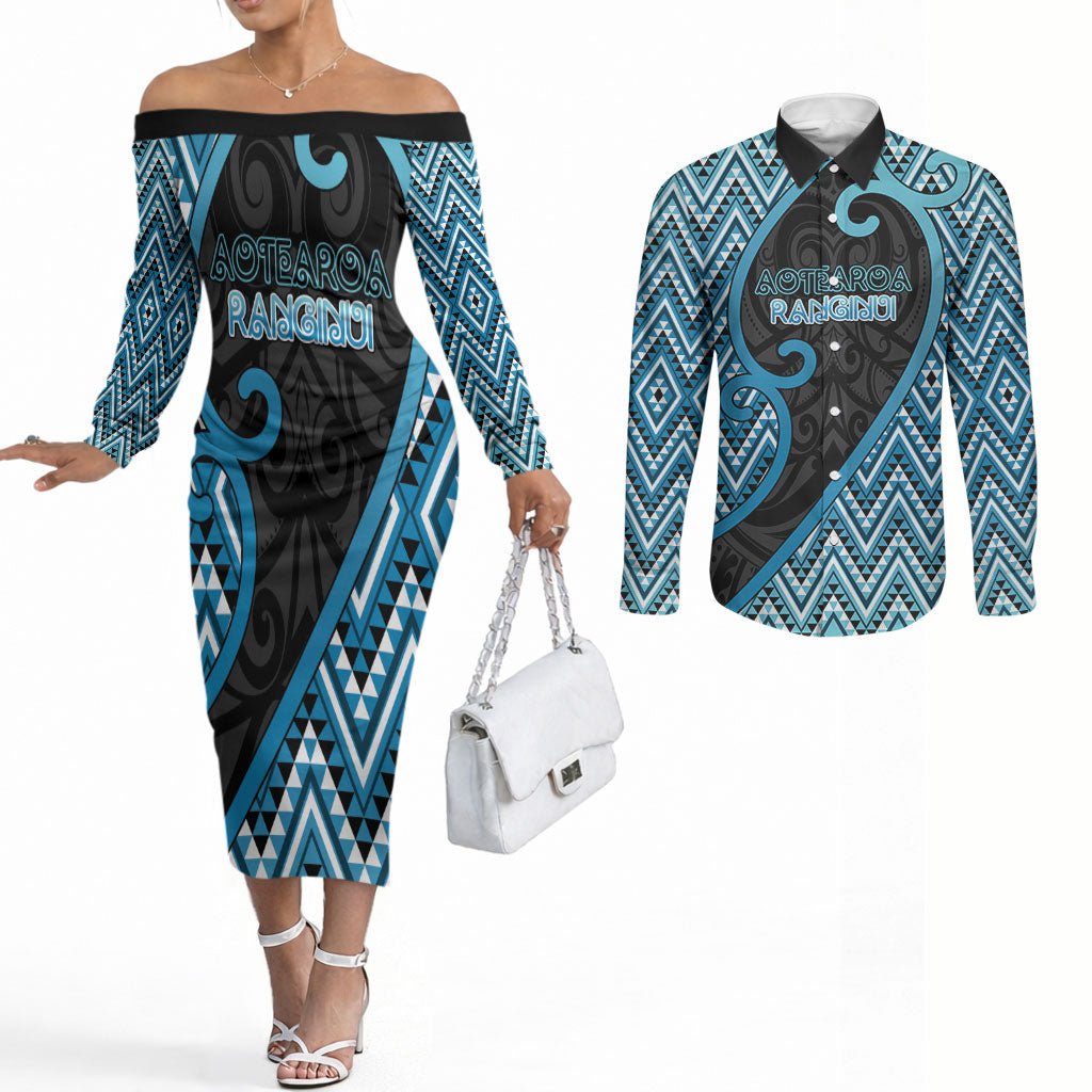 Custom Aotearoa Atua Ranginui Couples Matching Off The Shoulder Long Sleeve Dress and Long Sleeve Button Shirt Maori Sky Father Koru Patterns DT05 Blue - Polynesian Pride