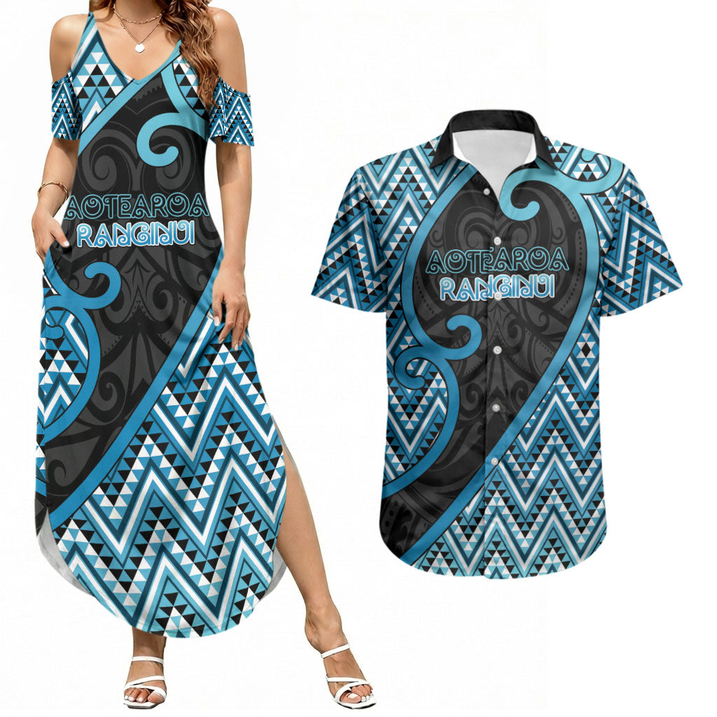 Custom Aotearoa Atua Ranginui Couples Matching Summer Maxi Dress and Hawaiian Shirt Maori Sky Father Koru Patterns DT05 Blue - Polynesian Pride