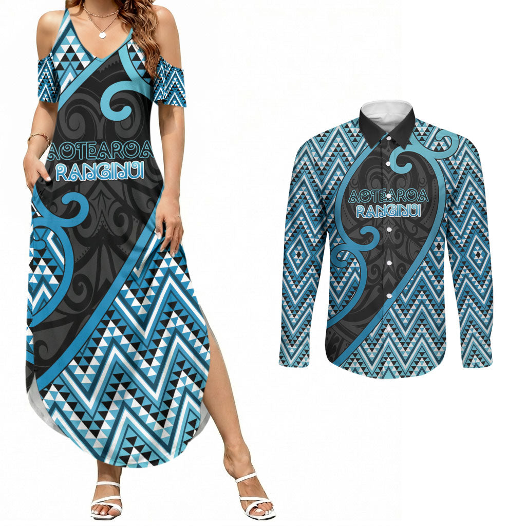Custom Aotearoa Atua Ranginui Couples Matching Summer Maxi Dress and Long Sleeve Button Shirt Maori Sky Father Koru Patterns DT05 Blue - Polynesian Pride