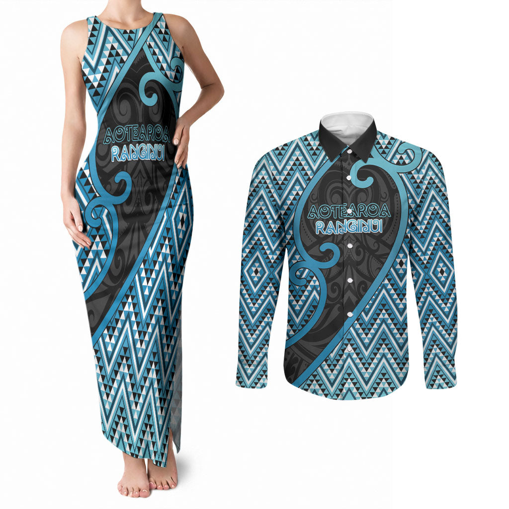Custom Aotearoa Atua Ranginui Couples Matching Tank Maxi Dress and Long Sleeve Button Shirt Maori Sky Father Koru Patterns DT05 Blue - Polynesian Pride