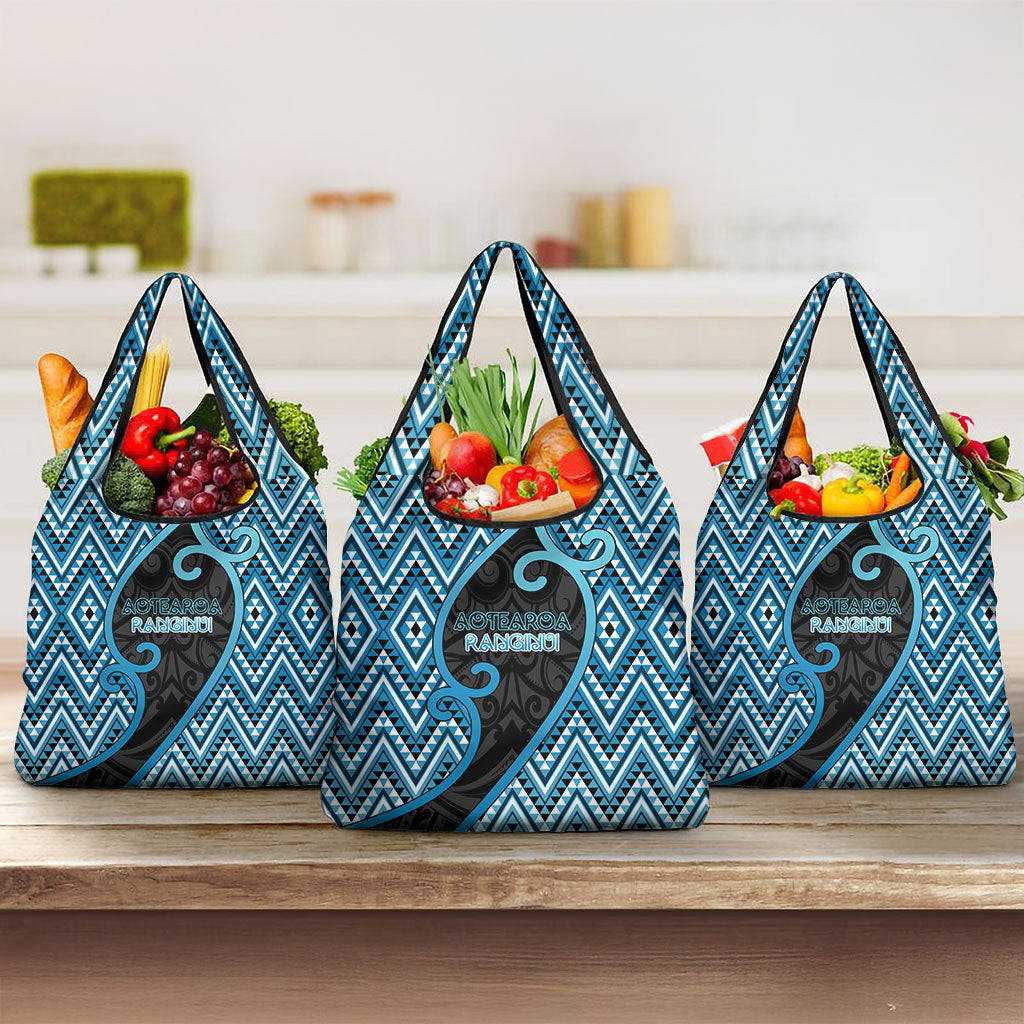 Aotearoa Atua Ranginui Grocery Bag Maori Sky Father Koru Patterns DT05 3-pack One Size Blue - Polynesian Pride