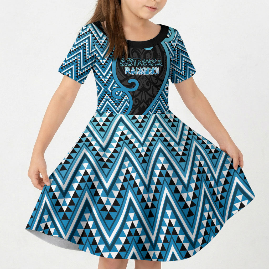 Custom Aotearoa Atua Ranginui Kid Short Sleeve Dress Maori Sky Father Koru Patterns DT05 KID Blue - Polynesian Pride