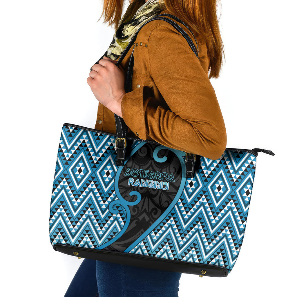 Aotearoa Atua Ranginui Leather Tote Bag Maori Sky Father Koru Patterns DT05 Blue - Polynesian Pride