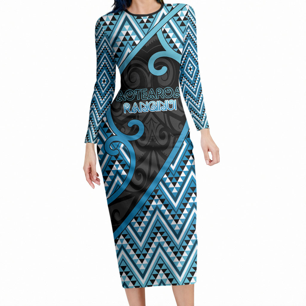 Custom Aotearoa Atua Ranginui Long Sleeve Bodycon Dress Maori Sky Father Koru Patterns