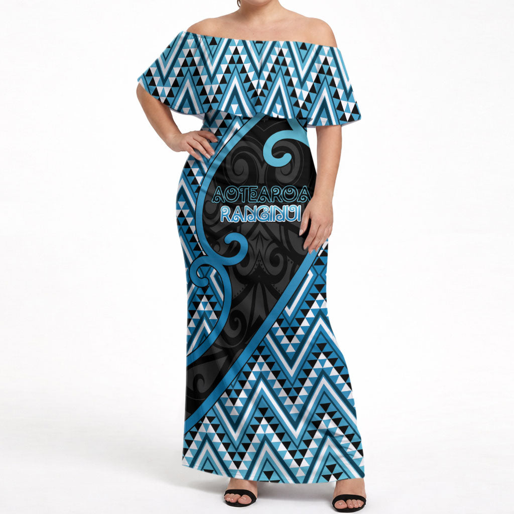 Custom Aotearoa Atua Ranginui Off Shoulder Maxi Dress Maori Sky Father Koru Patterns DT05 Women Blue - Polynesian Pride