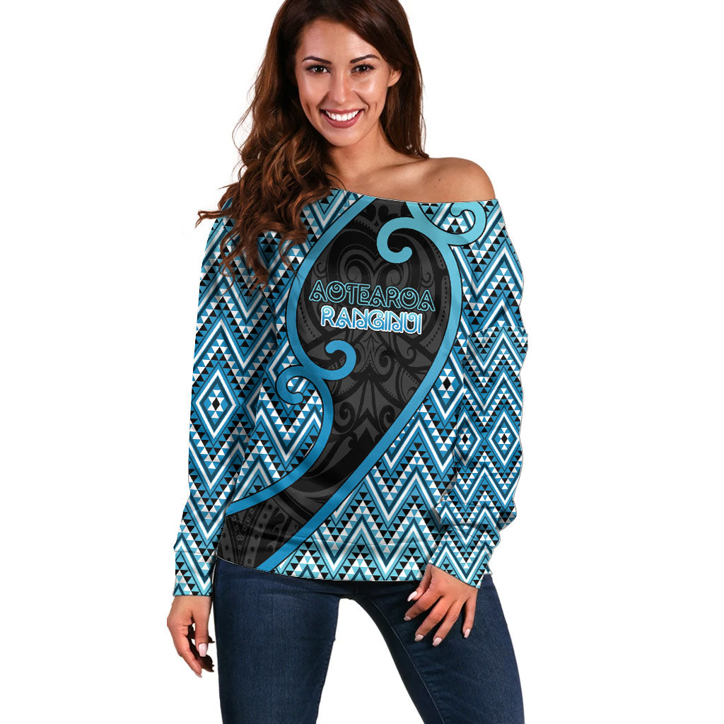 Custom Aotearoa Atua Ranginui Off Shoulder Sweater Maori Sky Father Koru Patterns DT05 Women Blue - Polynesian Pride
