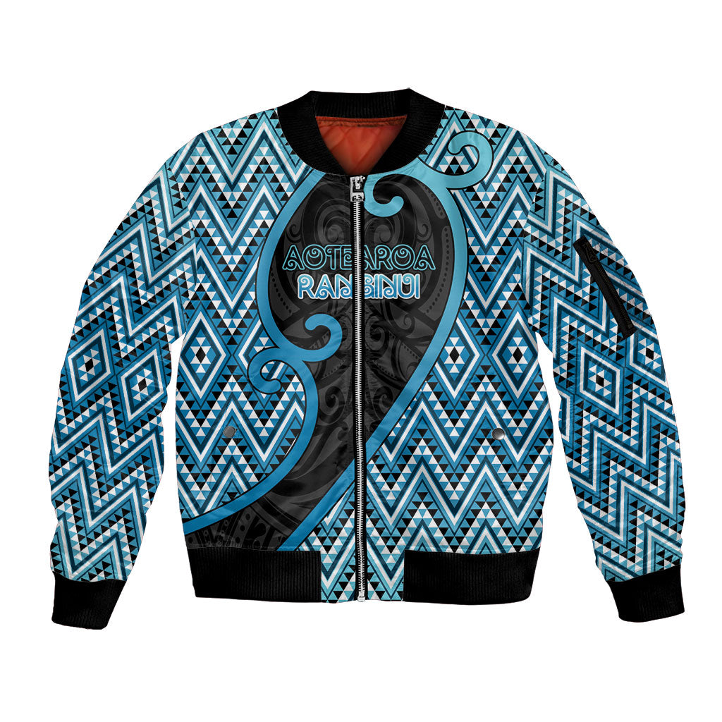 Custom Aotearoa Atua Ranginui Sleeve Zip Bomber Jacket Maori Sky Father Koru Patterns DT05 Unisex Blue - Polynesian Pride