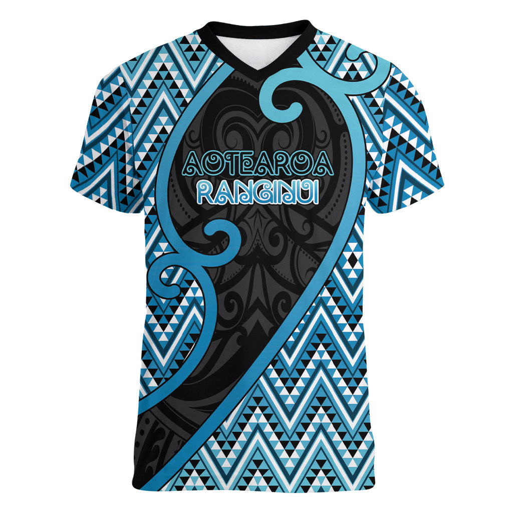 Custom Aotearoa Atua Ranginui Women V-Neck T-Shirt Maori Sky Father Koru Patterns DT05 Female Blue - Polynesian Pride