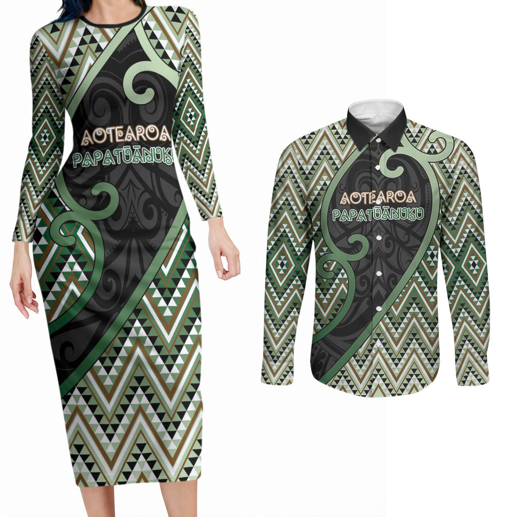 Custom Aotearoa Atua Papatuanuku Couples Matching Long Sleeve Bodycon Dress and Long Sleeve Button Shirt Earth Mother Father Koru Patterns DT05 Green - Polynesian Pride
